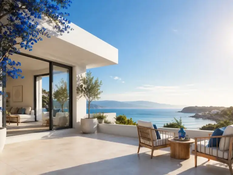 Moderne vakantiewoning met ruim terras, stijlvolle zitplekken en een prachtig uitzicht over zee, passend bij Vakantiewoning Gids.