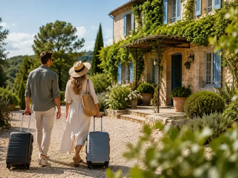 Reizigers arriveren bij een sfeervolle vakantievilla met groene tuin en warme mediterrane uitstraling, geïnspireerd op Vakantiewoning Gids.