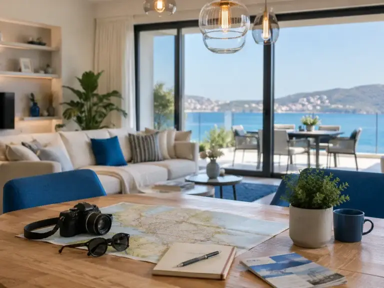 Lichte woonruimte met uitzicht op zee, tafel met kaart en reisaccessoires, als inspiratie voor een ontspannen verblijf via Vakantiewoning Gids.