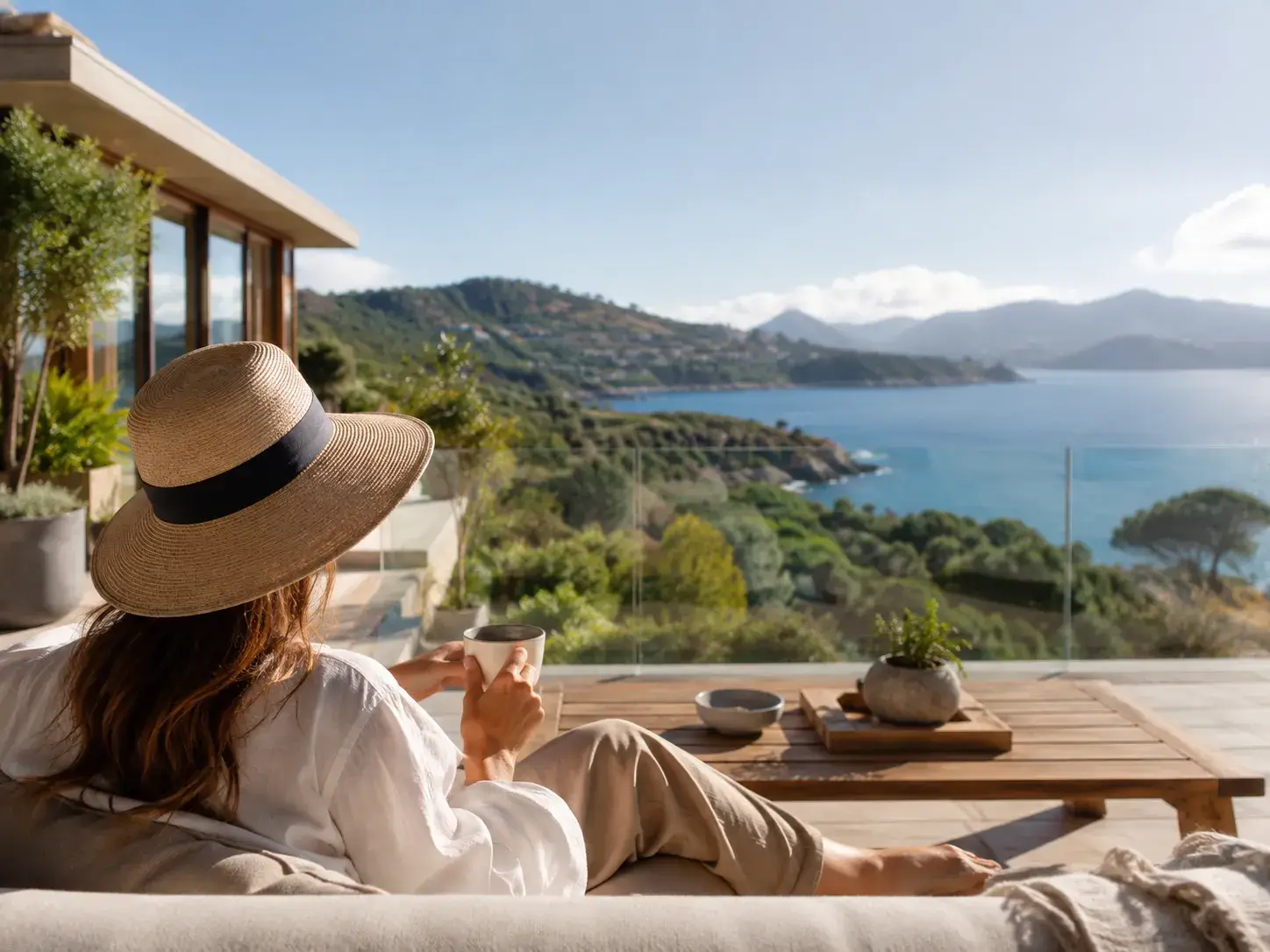 Persoon ontspant op een zonnig terras met weids uitzicht over de kust en zee, als inspirerend beeld voor Vakantiewoning Gids.