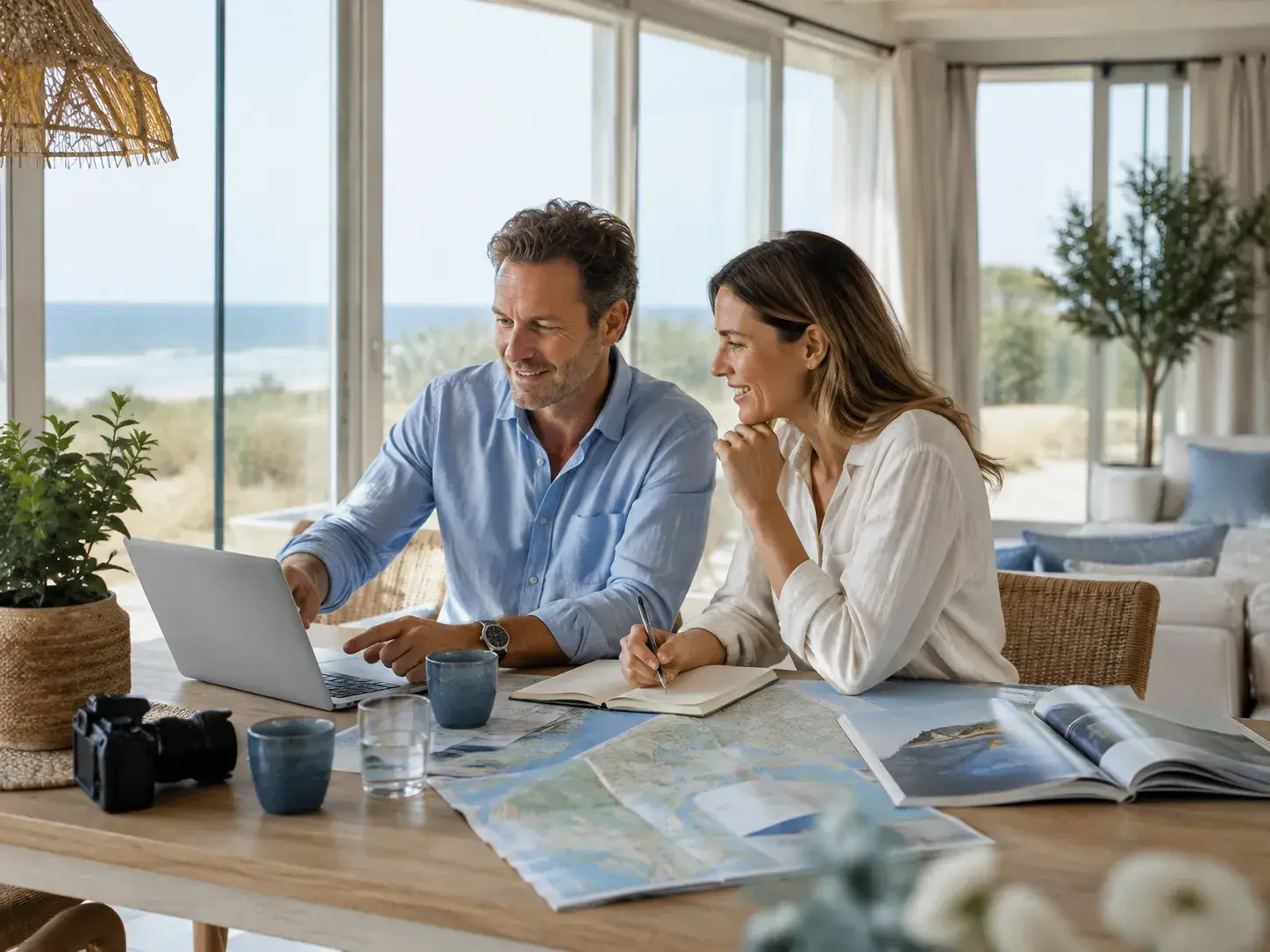 Twee mensen plannen een verblijf aan tafel met laptop, kaarten en reismagazines in een lichte vakantiewoning aan de kust.