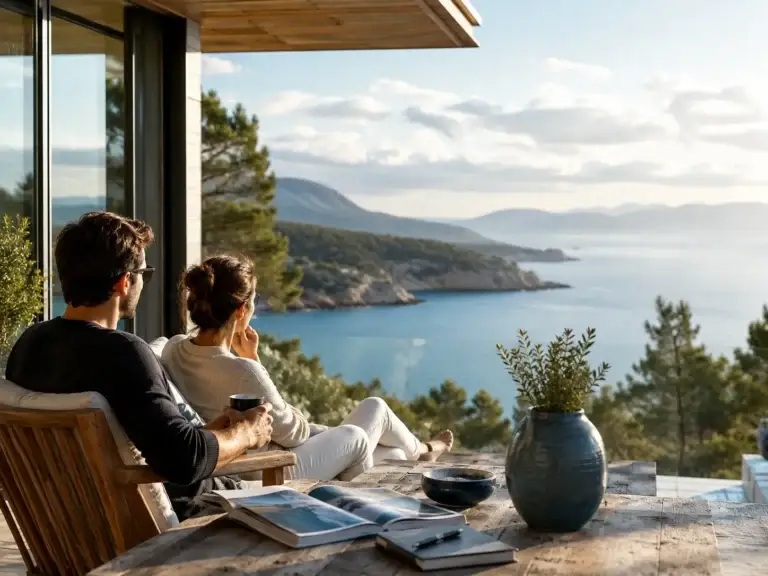 Koppel ontspant op een terras van een luxe vakantiewoning met panoramisch uitzicht over zee en groene kustlandschappen.