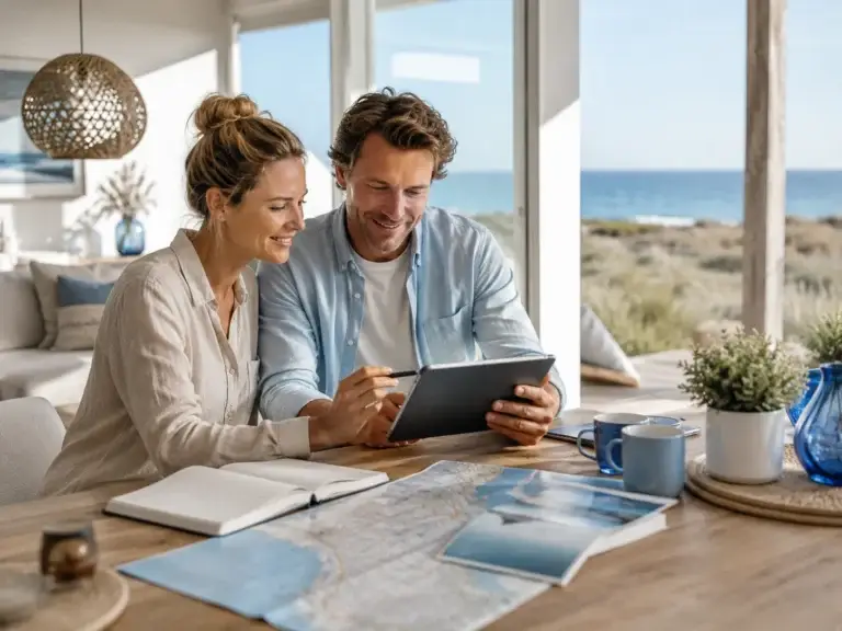 Koppel bekijkt samen praktische reisinformatie op een tablet in een lichte kustwoning, als beeld voor de FAQ van Vakantiewoning Gids.